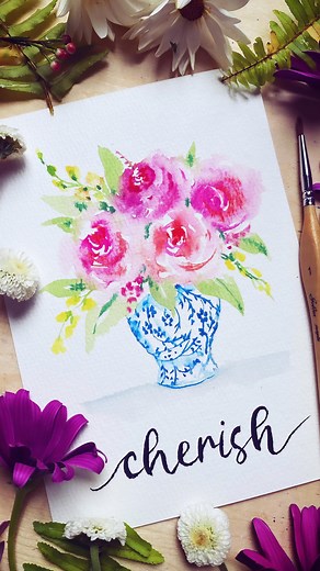 Do you like blue and white China? Let’s paint simple loose roses using watercolor (see previous video on how to paint a simple rose). 🌸full length video with directions for subscribers🌸 If you love something, love it completely, cherish it, say it, but most importantly, show it. — unknown Directions: Load up a size 2 round brush (or detailed brush) with a thick, dark mix of your pink colour. Paint c-curves for the centre, moving around in a circle. Keep the shapes small and curvy, and leave wh