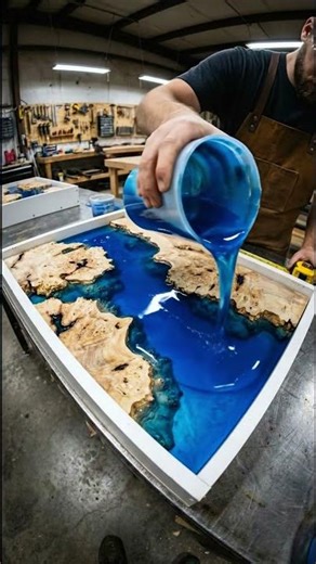 Making the "Sapphire Archipelago" Table: Bioluminescent Resin & Burl Wood Art #wood #epoxy #shorts