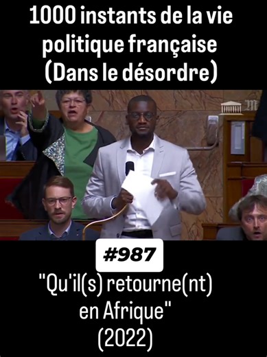Le 3 novembre 2022, lors des questions au gouvernement à l’Assemblée nationale, un incident grave interrompt la séance. Alors que le député LFI Carlos Martens Bilongo interpelle le gouvernement sur le sort des migrants secourus en Méditerranée, le député du Rassemblement national @Grégoire de Fournas lance depuis son banc une phrase à teneur raciste : « Qu’il.s retourne.nt en Afrique ! ». Sans qu'il soit possible de distinguer s'il parle au pluriel ou au singulier. L’indignation est immédiate da