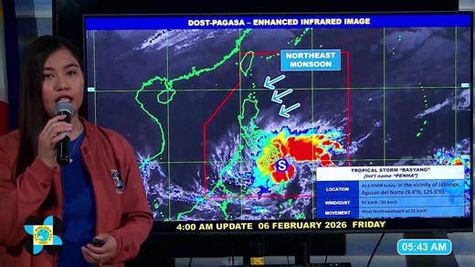 Press Briefing: Tropical Storm BASYANG {PENHA} issued at 5:30 AM | February 6, 2026 - Friday DOST-PAGASA Weather Specialist: Loriedin De la Cruz - Galicia #weatherreport #dostpagasa #BasyangPH For more detailed information please visit these links: Tropical Cyclone Bulletin : https://bagong.pagasa.dost.gov.ph/tropical-cyclone/severe-weather-bulletin Weather Advisory : https://bagong.pagasa.dost.gov.ph/weather/weather-advisory Storm Surge Warning: https://bagong.pagasa.dost.gov.ph/tropical-cyclon