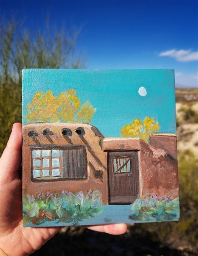 Santa Fe Adobe Tile Painting: New Mexico Landscape Art