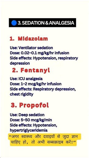 🔵 3. SEDATION & ANALGESIA COMPLETE ICU M. LIST CATEGORY WISE Name + Use + Dose + Side Effects