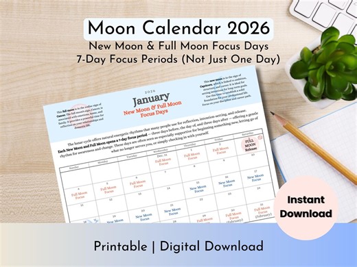 Moon Calendar 2026 Printable | New Moon & Full Moon Focus Days | Moon Phase Calendar With Reflection Prompts - Etsy