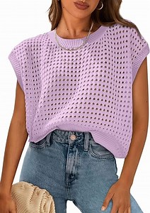 PRETTYGARDEN Womens Spring Tops Summer Shirts Crochet Cap Sleeve Sweater Pullover Cute Crew Neck Beach Cover Ups