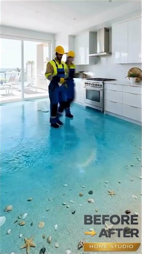 This Kitchen Floor Looks Like the Beach! Epoxy Makeover #interiordesign #beforeandafter #home