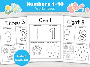 1-10 Number Tracing Worksheets for Preschool and Kindergarten Counting Activity Writing Practice Math Printable (PDF) - Etsy