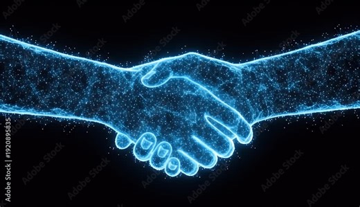 Digital handshake symbolizing collaboration, trust, and secure partnership in advanced technology and AI, representing innovation and global business integration across industries.