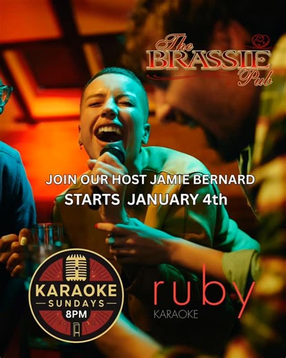 ruby PUB TRIVIA on Instagram: "Hey, karaoke fans! After a 5 year hiatus, we are very happy with the return of 🎤 karaoke to Brassie Pub on Sunday nights 🌙 Join our very popular host, Jamie Bernard, for a fun 😁 night of music, friendship, AND $7.50 tallboys to wash down half-price Brassie Nachos! 👌 You heard that, right! 👍 Come early for dinner and stay late for drinks 🍸 😋 🍺 Let's go!!!"
