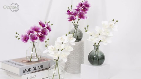Oairse White Orchids Artificial Flowers Faux Orchid Arrangement with Clear Glass Vase Set of 2 Real Touch Phalaenopsis Orchid Flowers Orchid Centerpiece for Dining Room Table
