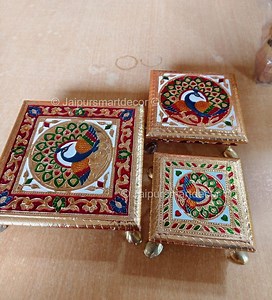 Set of 3 Wooden Bajot Chowki – God Idol Stand, Mandir Decor, Indian Puja Chowki Table, Hindu Wedding Bajot, Traditional Puja Chowki Gift - Etsy