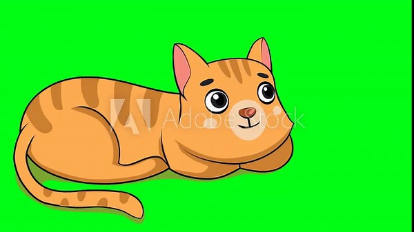 2d animated cartoon yellow cat character is lying on gound and looks up and meows with a smile. in green screen chroma key. 4K resolution.