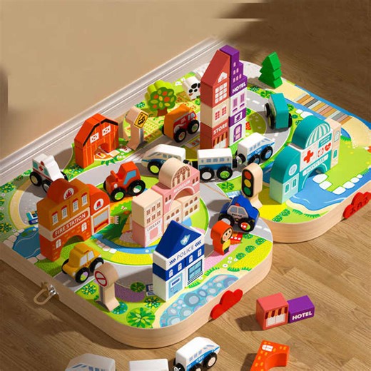 Children's Wooden Building Block Toys Building Blocks Set Boys and Girls Gift 57 Pcs Wooden City Construction Stacking Block