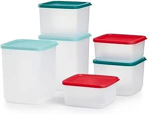 Tupperware Stacking Square Storage Set, Dishwasher Safe and BPA Free (6 Clear Containers, 6 Colored Lids in Green and Red)