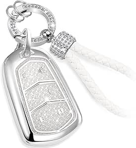 for Cadillac Key Fob Cover with Fashion Braided Keychain, Enchanting Diamond Patterns Soft Case for Escalade ATS XT4/5/6 XTS CT6 CTS ELR SRX STS(6 buttons) (White, A2)