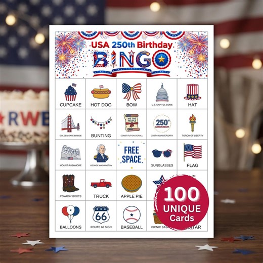 USA 250th Anniversary Bingo Game – 100 Unique Cards, Patriotic 4th of July Bingo, USA 250 Birthday Party Game, July 4th Games - Etsy