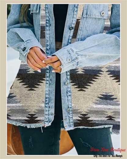 Printed Botton Down Long Sleeve Denim Jacket