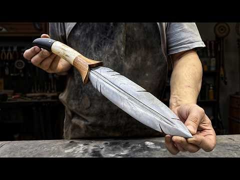 Damascus Steel Feather Knife with a Beautiful Wooden Handle