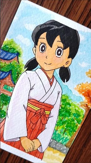 Shizuka from Doraemon Watercolor Painting 🎨 | Cute Anime Art Process | Japanese Background