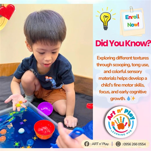 ✨ Little hands, big adventures! 💛 Scooping, using tongs, and exploring different textures like colorful oats and fluffy balls is more than just play. These fun sensory activities help little ones develop strong hands, improve coordination, discover colors and textures, and spark their creativity. Every scoop and touch is a chance to learn, explore, and grow while having so much fun 💧🎨 #ArtNPlay #SensoryPlay #LearningThroughPlay #CreativeLearning #EarlyChildhoodJoy #FunLearning #ToddlerActivit