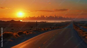 scene where a mirage appears on the horizon as the sun rises, with the road seemingly leading to an illusory body of water or cityscape in the distance, 4K Ultra HD animation video Stock Video