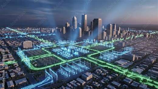 Video of Smart grid energy system – Digital power network visualization illustrating connected electricity infrastructure for renewable energy marketing, utility innovation campaigns, and sustainable