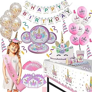Unicorn Birthday Decorations - Unicorn Party Decorations for Girls Serves 16 Includes Happy Birthday Banner,Napkins,Cake Topper,Headband,Sash & Large Tablecloth for Creating Themed Party