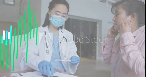 Female doctor inspecting swab for medical testing and writing records while patient adjusting mask