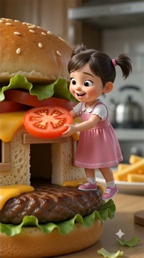 Tiny Family Builds a Burger House 🍔🏠… Then a Giant Dog Appears! 😱🐶 #Shorts