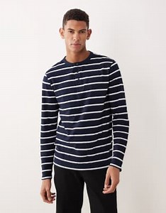 ASOS DESIGN long sleeve t-shirt with henley neck in navy and white stripes | ASOS