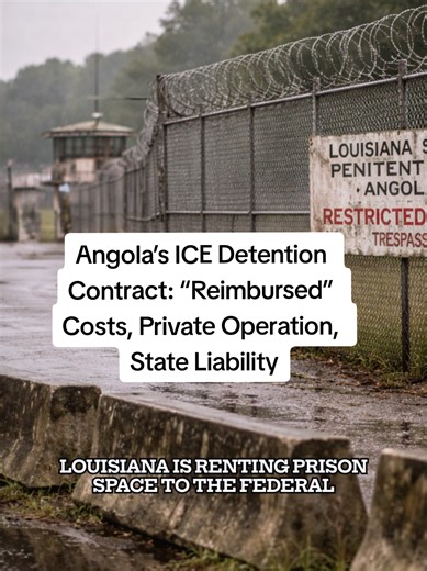 Angola’s ICE Detention Contract: “Reimbursed” Costs, Private Operation, State Liability Louisiana West Feliciana Parish Angola Prison Louisiana State Penitentiary ICE detention contract DHS immigration detention LaSalle Corrections per diem detainee rate taxpayer reimbursement claim prison infrastructure costs #LouisianaHistory #Louisiana #CriminalJustice #ImmigrationDetention #LouisianaPrisons