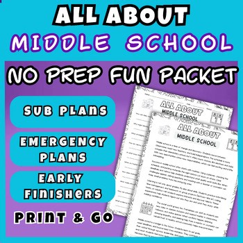 All About Middle School -Engaging Reading Comprehension Activities Sub Plans 6 8