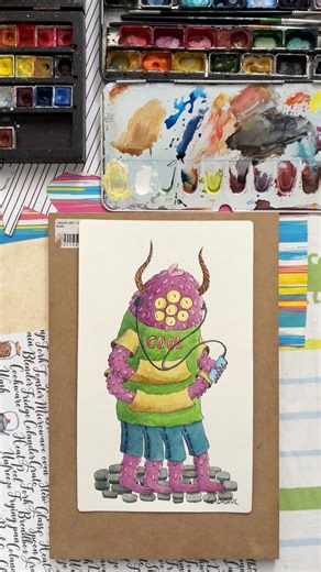 Cool Monster with Too Many Eyes 🎧👁️ Original Watercolor Art #etsy #illustration #watercolor #cool