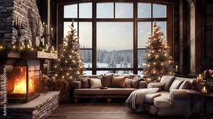 living room interior with christmas tree and candles and fireplace, snowing outside, seamless loop, 4k