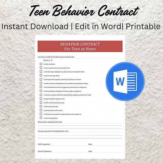 Teen Behavior Contract Template Printable Behavior Contract for Teenagers Behavior Management Agreement Student Behavior Contract Word PDF - Etsy