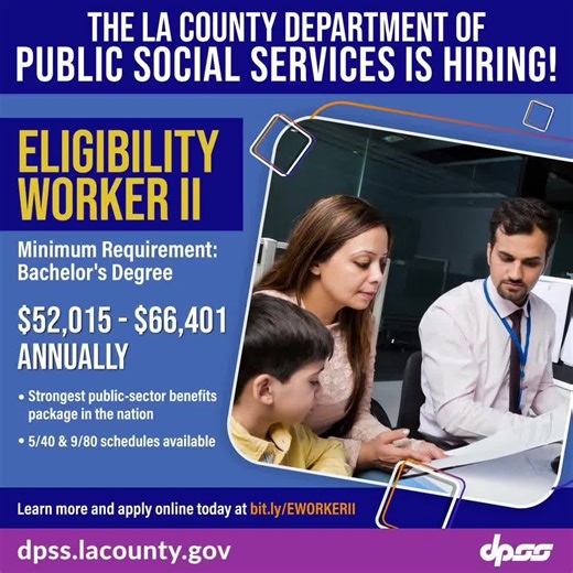 📣 DPSS is hiring for the position of Eligibility Worker II 👨‍💼👩‍💼 Help LA County residents access essential #DPSS benefits, programs, and services 🤝 Apply: https://bit.ly/EWORKERII @laco_dpss #jobseekers #Jobopportunities #Hiring #ApplyToday