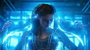 A person in a futuristic bodysuit with exposed wires ports and cables with flowing wires that systemically powers a robotic cyberpunk art