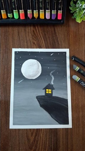 ​Mysterious Night Cabin Scenery Drawing with Oil Pastels 🎨 | Full Moon Art #shorts #painting #art