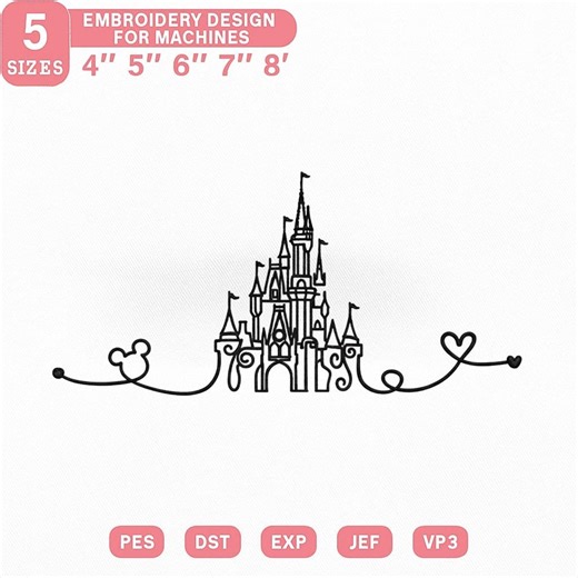 Disney Castle Embroidery Design, Disney Castle Line Art Embroidery File, Mickey Ears Heart Disney, 5 Sizes 4–8 Inch - Etsy