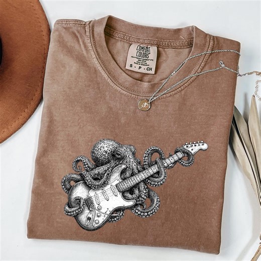 Octopus Playing Guitar Shirt Vintage Rock Tee Music Lover Shirt Sea Creature Graphic Shirt Ocean Rock Art Comfort Colors - Etsy