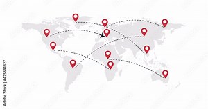 Animation of aircraft routes on the world map. Flight from one destination to another. Airline concept. 4K animation with alpha channel