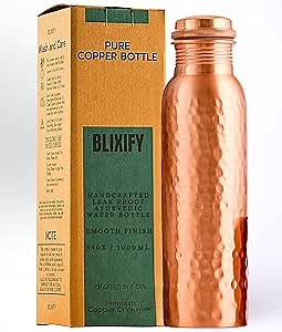Copper Water Bottle 34oz - 100% Pure Ayurvedic Handcrafted Design - Eco-friendly Premium Quality - Bpa-free Heavy Duty Leak-proof & Lab-tested - Health Benefits for Daily Use, Sports, Travel & Gifting