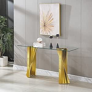 Glass Console Table, 55.12" Rectangular Sofa Table with Tempered Glass Top and Gold Mirror Finish Stainless Steel Flash-Shaped Base, Modern Narrow Table for Entryway Foyer Entrance