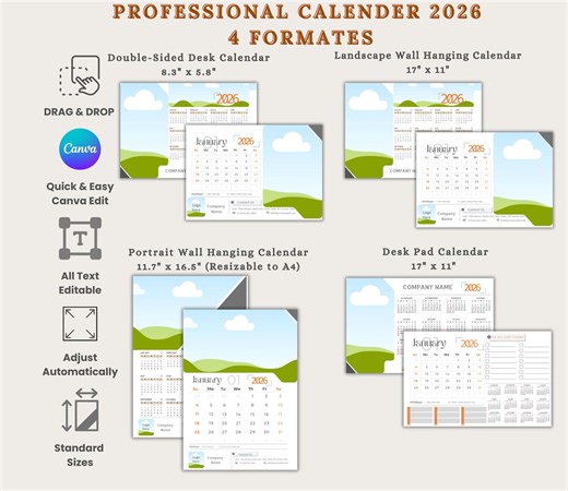 2026 Editable Photo Calendar Template Bundle | Full Year at a Glance & Monthly Kalendar | Office Desk Calendar Deskpad Hanging Wallcalendars - Etsy Ireland