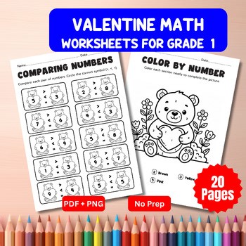 Valentine Math Worksheets Grade 1 | Numbers 1–20, | No Prep / Print & Go