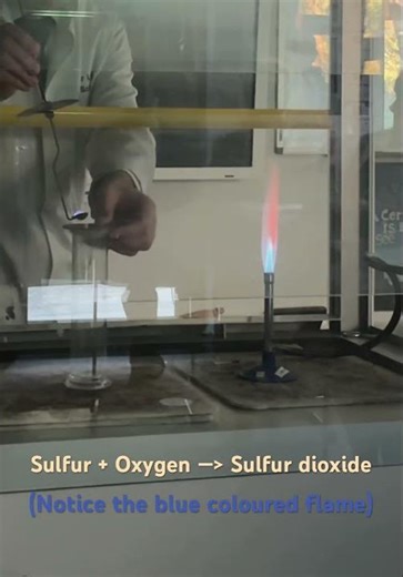 Sulfur reacting with oxygen.