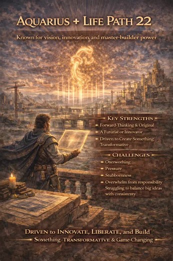 Aquarius ♒ Life Path 22 🔮 This is the visionary master architect. Aquarius brings innovation, originality, and future-focused thinking, while Life Path 22 — the Master Builder — carries the ability to turn revolutionary ideas into real-world systems that impact millions. This combination creates someone who: 💡 Sees possibilities far ahead of their time 🧱 Has the potential to build powerful systems, movements, or innovations 🌍 Feels driven to create change that improves society You may natura