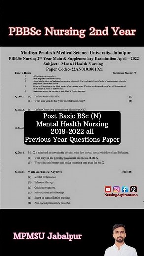 Mental Health Nursing Previous Year Questions Paper | PBBSc Nursing 2nd Year Old Papers | MPMSU