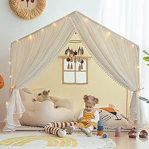 Kids Play Tent with Padded Mat, Kids Tents Indoor Playhouse for Toddler, Large Princess Castle Pompoms Play House Tent for Girl Bed Tents Toys for Boys Girl Birthday House Gift