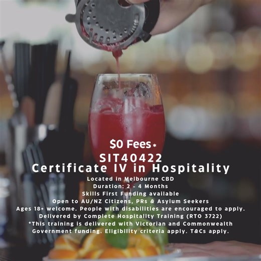 🍽️✨ Brand-new to hospitality? Enrol in the Certificate IV in Hospitality and build real, beginner-friendly skills for cafés, bars and events. 📍 Melbourne CBD 💰 $0 Fees for eligible students ⏳ Duration: 2 - 4 Months 📚 Classroom-based Learning ✨ Skills First Funding available* 🇦🇺 Open to AU/NZ Citizens, PRs & Asylum Seekers 🚫 Not open to International Students 🎓 Nationally Recognised Qualification 🚀 SIT40422 Certificate IV in Hospitality 👥 Ages 18 welcome. People with disabilities are en