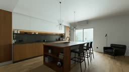 A stylish and modern kitchen that showcases elegant wood accents,...